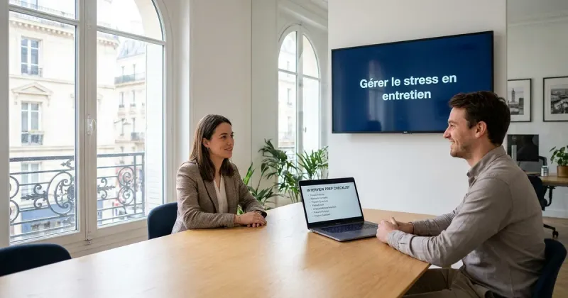 Entretien d’embauche dans un bureau parisien lumineux : un candidat serein face à une recruteuse, un écran affichant « Gérer le stress en entretien ».