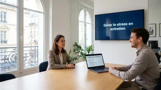 Entretien d’embauche dans un bureau parisien lumineux : un candidat serein face à une recruteuse, un écran affichant « Gérer le stress en entretien ».