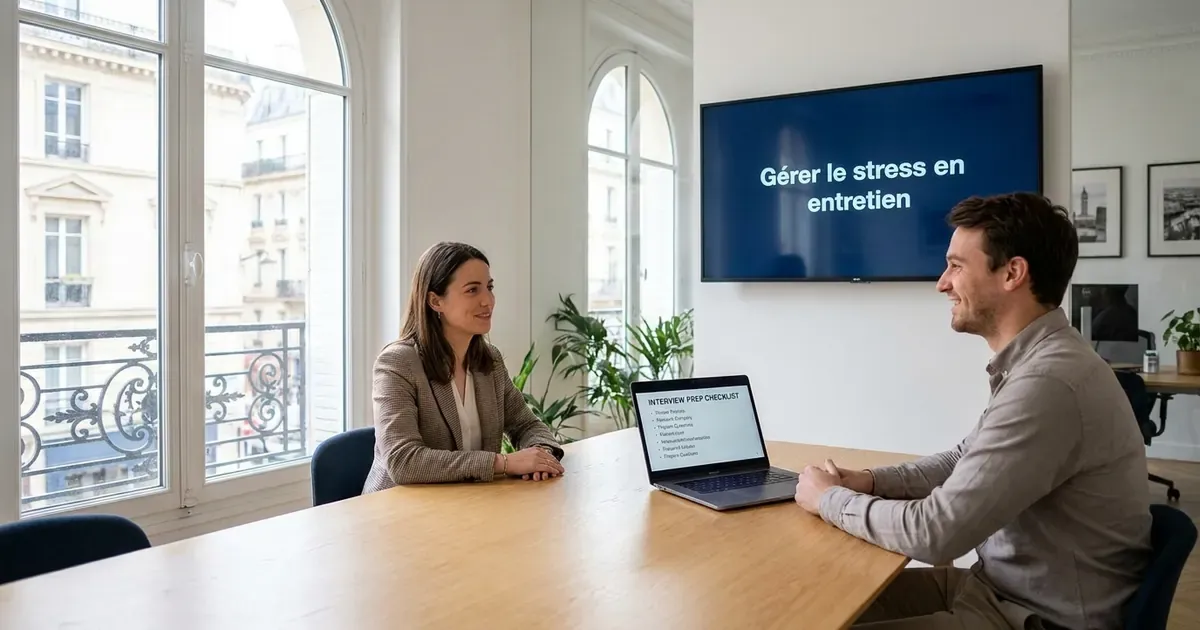 Entretien d’embauche dans un bureau parisien lumineux : un candidat serein face à une recruteuse, un écran affichant « Gérer le stress en entretien ».