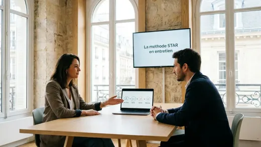 Entretien d’embauche dans un bureau lumineux à Paris : une recruteuse et un candidat à une table, un écran affichant « La méthode STAR en entretien ».