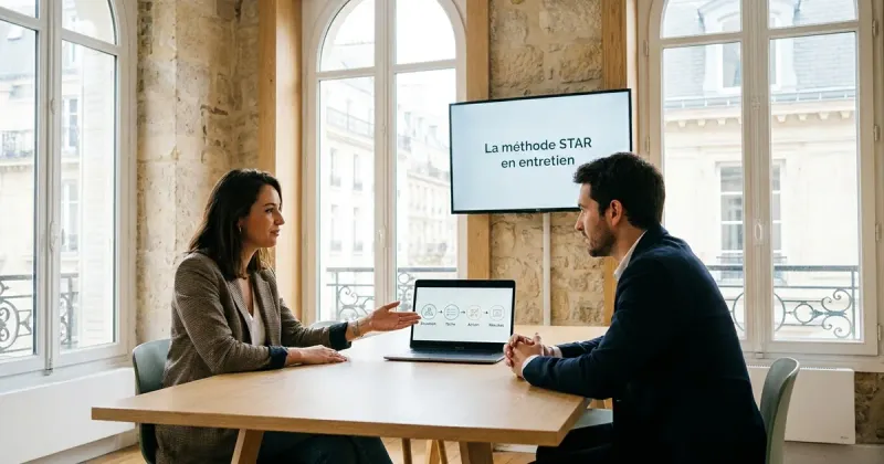 Entretien d’embauche dans un bureau lumineux à Paris : une recruteuse et un candidat à une table, un écran affichant « La méthode STAR en entretien ».