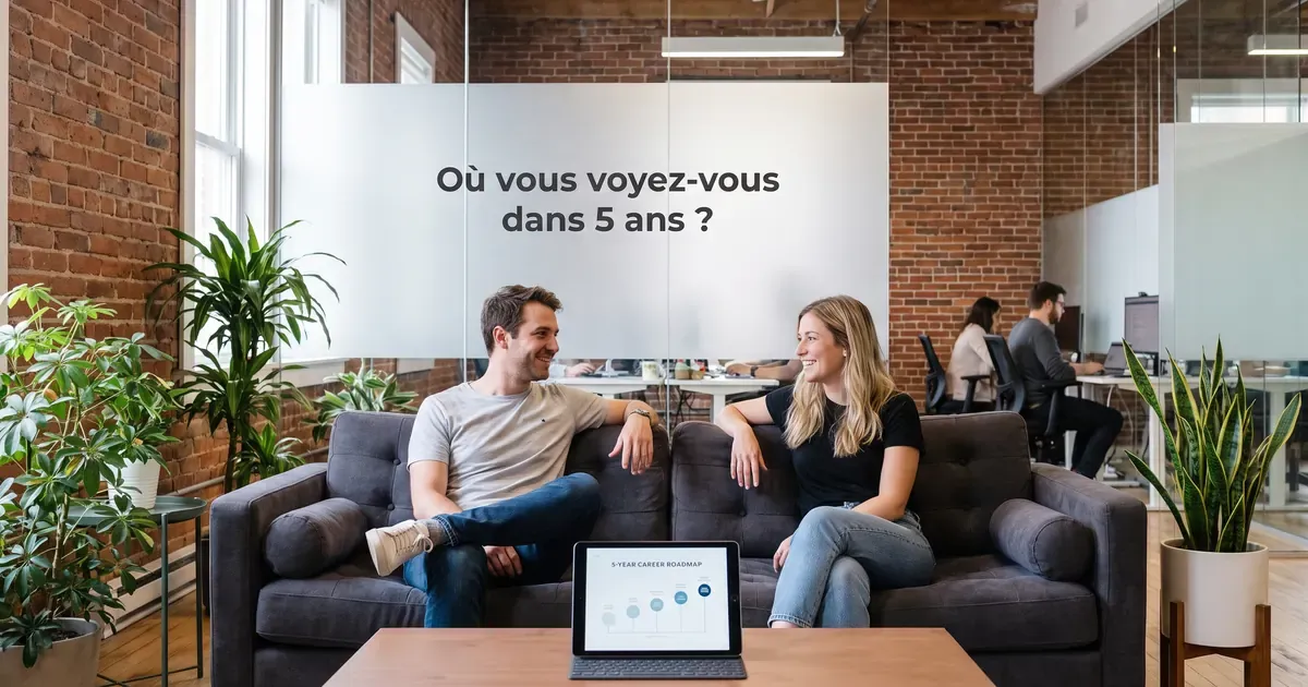 Entretien dans un open-space de startup : échange détendu sur un canapé autour d’une feuille de route de carrière à 5 ans, la question affichée sur une cloison vitrée.