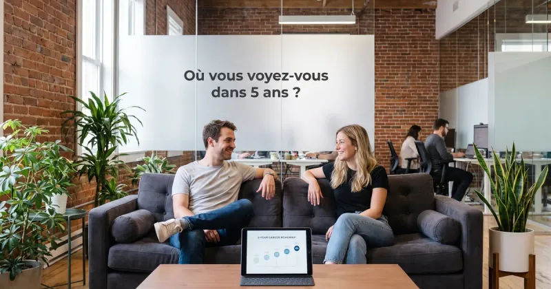 Entretien dans un open-space de startup : échange détendu sur un canapé autour d’une feuille de route de carrière à 5 ans, la question affichée sur une cloison vitrée.