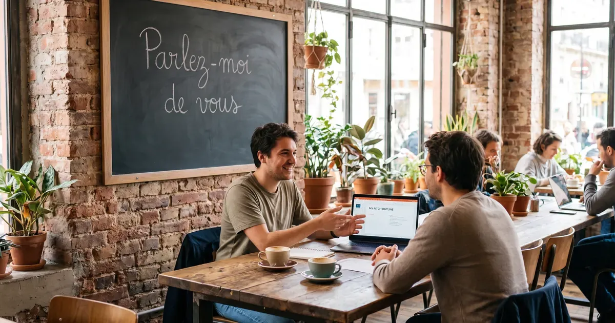 Entretien dans un café coworking : un candidat prépare son pitch de présentation sur son ordinateur, « Parlez-moi de vous » affiché à la craie sur un tableau noir.