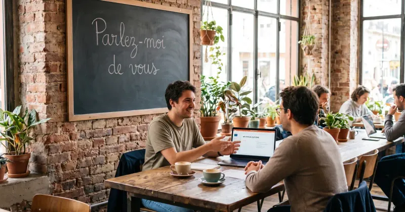 Entretien dans un café coworking : un candidat prépare son pitch de présentation sur son ordinateur, « Parlez-moi de vous » affiché à la craie sur un tableau noir.