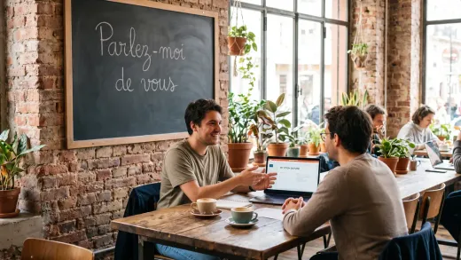 Entretien dans un café coworking : un candidat prépare son pitch de présentation sur son ordinateur, « Parlez-moi de vous » affiché à la craie sur un tableau noir.