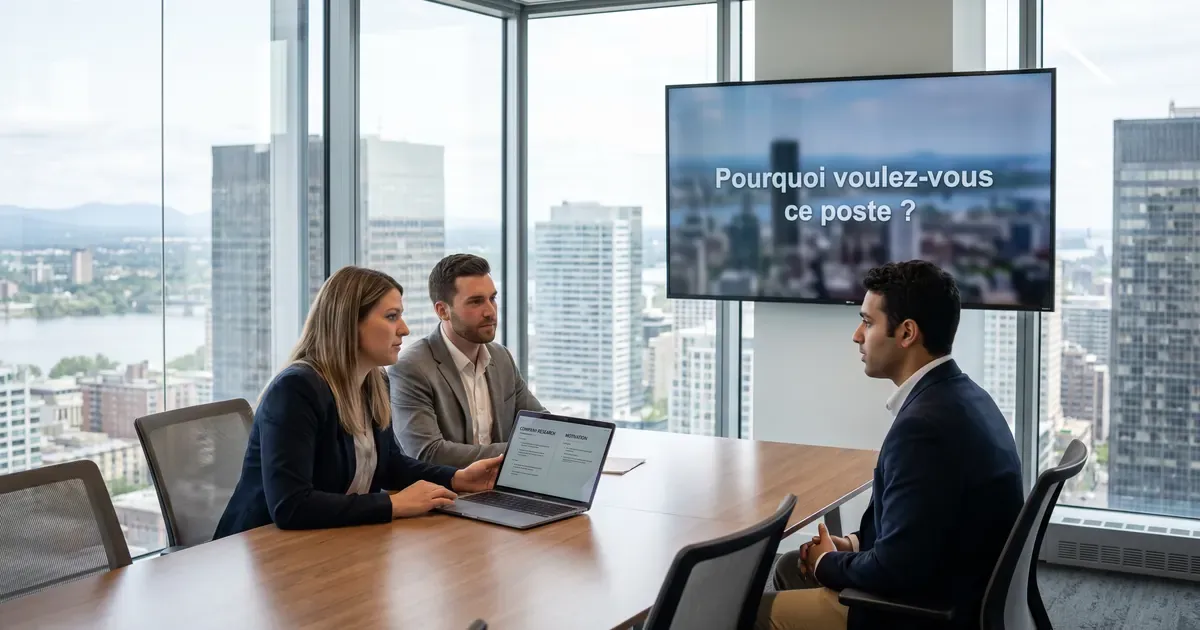 Entretien dans une salle vitrée avec vue sur la ville : deux recruteurs face à un candidat, ses notes de motivation à l’écran, la question affichée sur un mur d’écran.