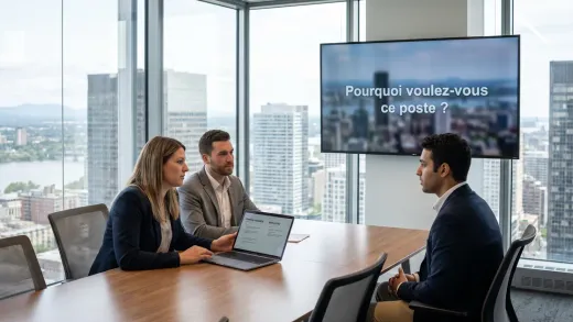 Entretien dans une salle vitrée avec vue sur la ville : deux recruteurs face à un candidat, ses notes de motivation à l’écran, la question affichée sur un mur d’écran.