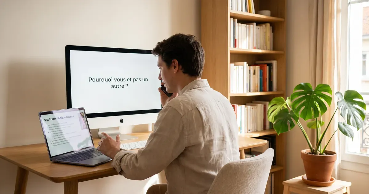 Entretien en visio depuis un home office lumineux : une liste de points forts et différenciateurs à l’écran, la question affichée sur le moniteur.
