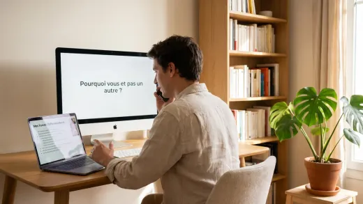 Entretien en visio depuis un home office lumineux : une liste de points forts et différenciateurs à l’écran, la question affichée sur le moniteur.