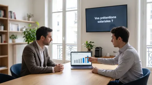Entretien dans un bureau parisien lumineux : un candidat présente une grille de salaires de référence à une recruteuse, la question affichée sur une TV murale.