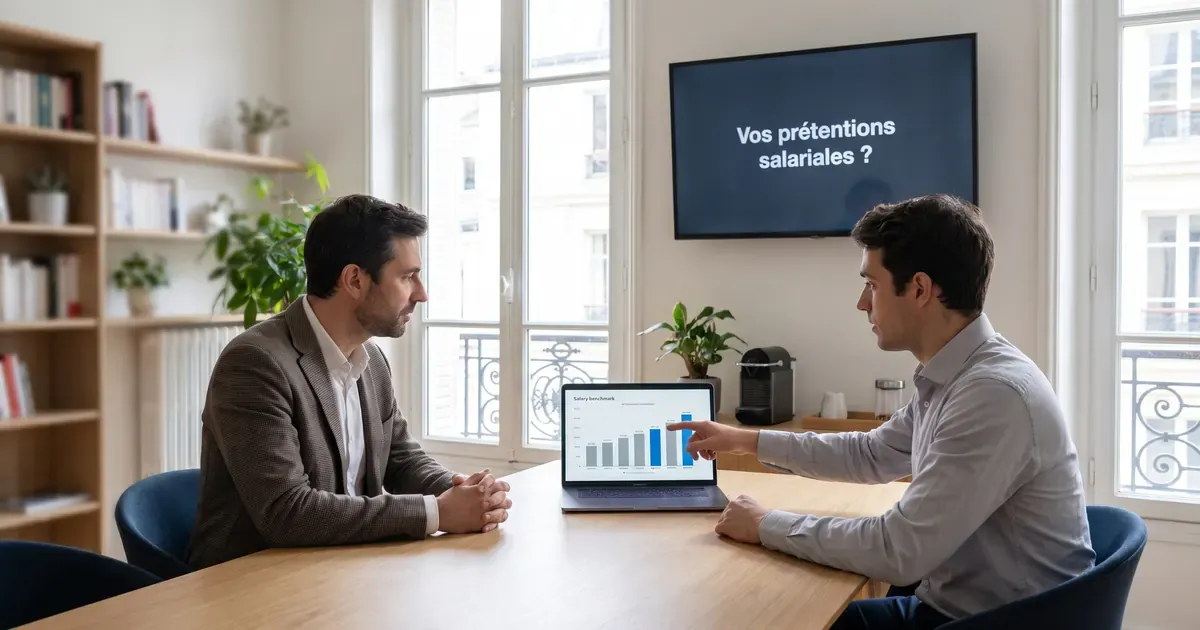 Entretien dans un bureau parisien lumineux : un candidat présente une grille de salaires de référence à une recruteuse, la question affichée sur une TV murale.