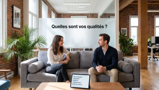 Entretien dans un open-space de startup : échange détendu sur un canapé autour d’une liste de qualités, la question affichée sur une cloison vitrée.