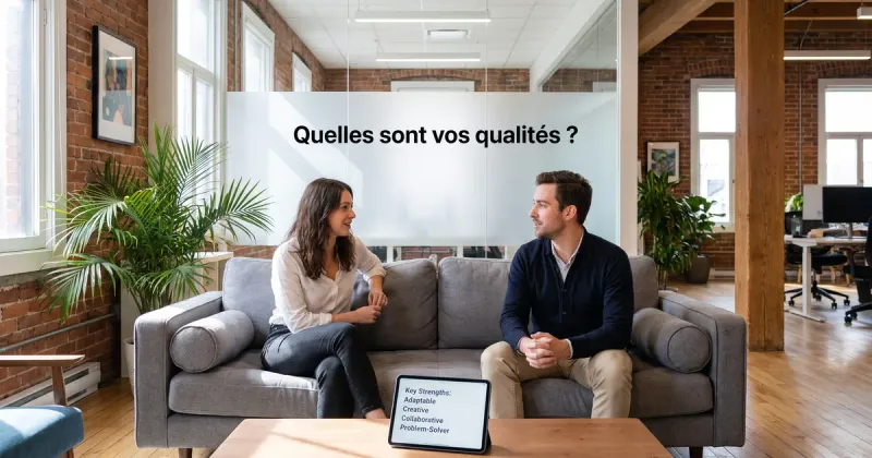Entretien dans un open-space de startup : échange détendu sur un canapé autour d’une liste de qualités, la question affichée sur une cloison vitrée.