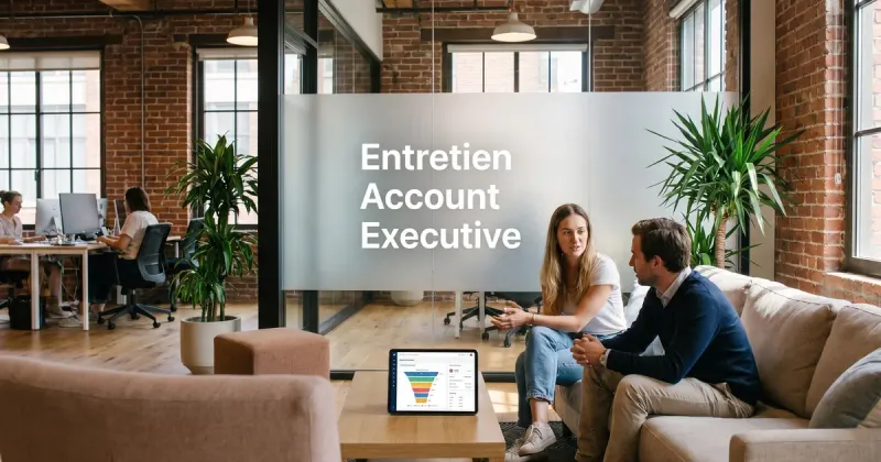 Entretien d’account executive dans un open-space de startup : échange détendu sur un canapé, un pipeline commercial affiché sur une tablette.