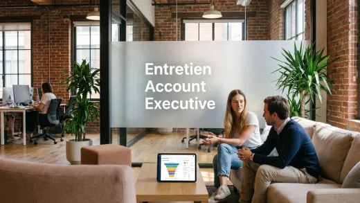 Entretien d’account executive dans un open-space de startup : échange détendu sur un canapé, un pipeline commercial affiché sur une tablette.