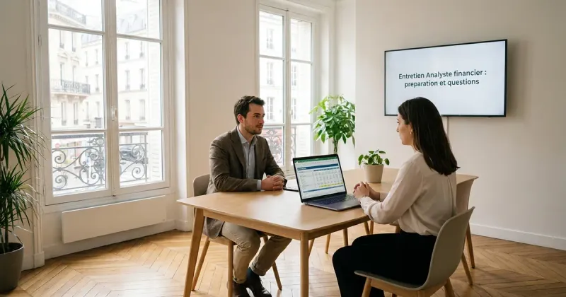 Entretien d’analyste financier dans un bureau parisien lumineux : un candidat et une recruteuse, un modèle de valorisation (DCF) à l’écran.