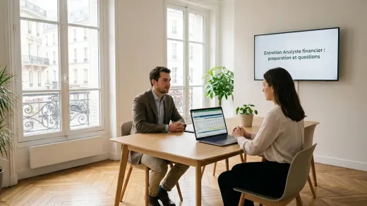Entretien d’analyste financier dans un bureau parisien lumineux : un candidat et une recruteuse, un modèle de valorisation (DCF) à l’écran.