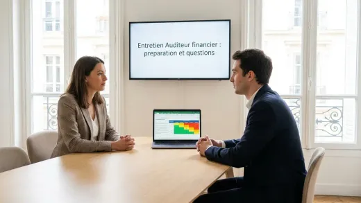 Entretien d’auditeur financier dans un bureau parisien lumineux : une candidate et un recruteur, une matrice de risques d’audit à l’écran.