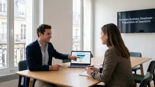 Entretien de business developer dans un bureau parisien lumineux : un candidat présente un funnel de pipeline commercial à une recruteuse.