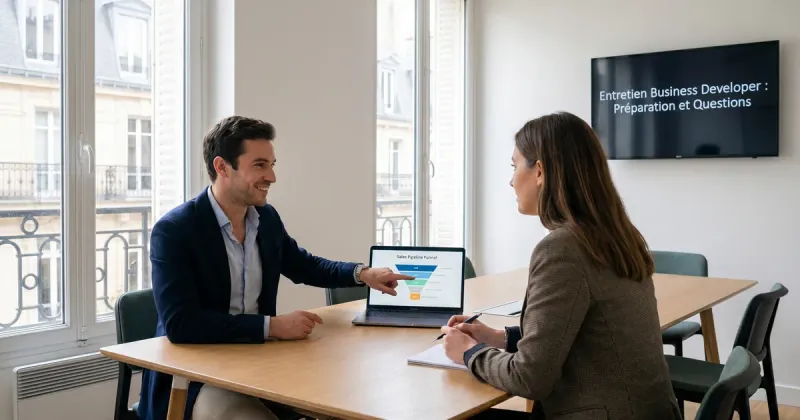 Entretien de business developer dans un bureau parisien lumineux : un candidat présente un funnel de pipeline commercial à une recruteuse.