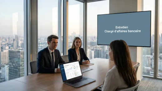 Entretien de chargé d’affaires bancaire dans une salle vitrée avec vue sur la ville : deux recruteurs face à une candidate, un tableau de bord financier affiché à l’écran.