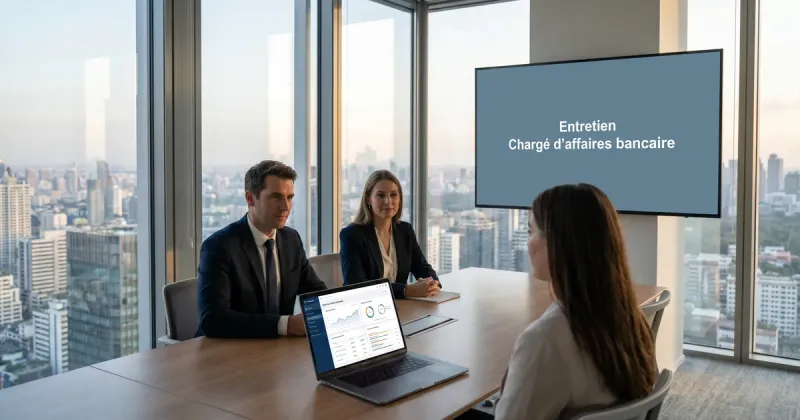 Entretien de chargé d’affaires bancaire dans une salle vitrée avec vue sur la ville : deux recruteurs face à une candidate, un tableau de bord financier affiché à l’écran.