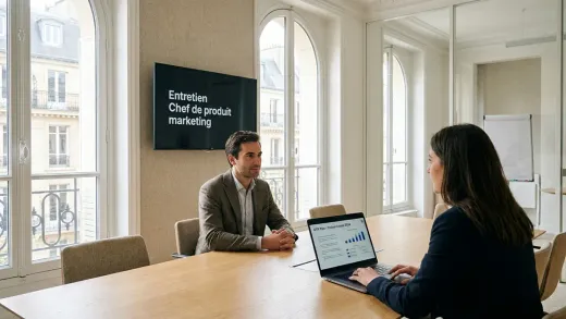 Entretien de chef de produit marketing dans un bureau parisien lumineux : un candidat et un recruteur, un plan de lancement produit à l’écran.