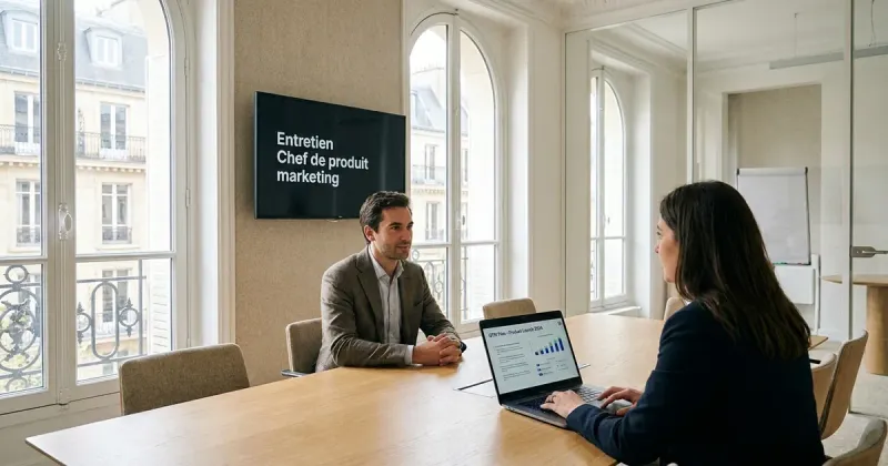 Entretien de chef de produit marketing dans un bureau parisien lumineux : un candidat et un recruteur, un plan de lancement produit à l’écran.