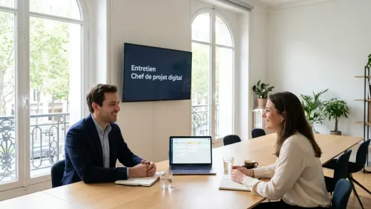 Entretien de chef de projet digital dans un bureau parisien lumineux : un candidat et une recruteuse, une roadmap de projet digital à l’écran.