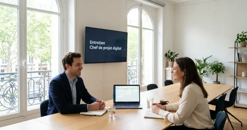 Entretien de chef de projet digital dans un bureau parisien lumineux : un candidat et une recruteuse, une roadmap de projet digital à l’écran.