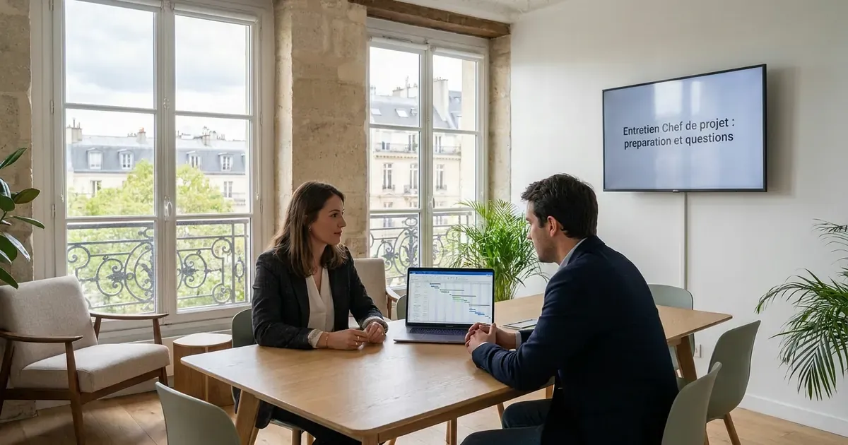 Entretien de chef de projet dans un bureau parisien lumineux : un candidat et un recruteur, un planning de projet (Gantt) à l’écran.