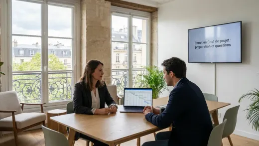 Entretien de chef de projet dans un bureau parisien lumineux : un candidat et un recruteur, un planning de projet (Gantt) à l’écran.