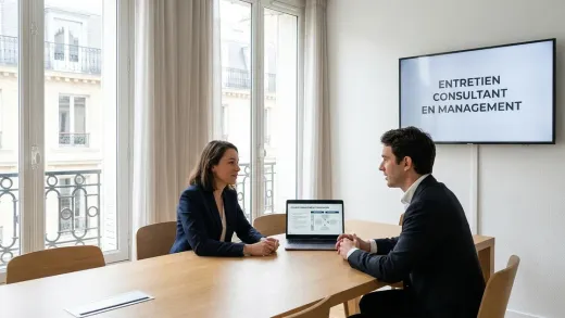 Entretien de consultant en management dans un bureau parisien lumineux : une candidate et un recruteur, un cadre de conduite du changement à l’écran.