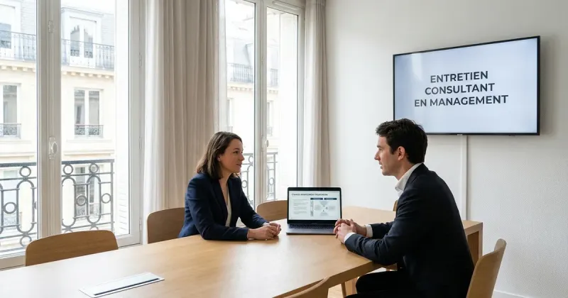 Entretien de consultant en management dans un bureau parisien lumineux : une candidate et un recruteur, un cadre de conduite du changement à l’écran.