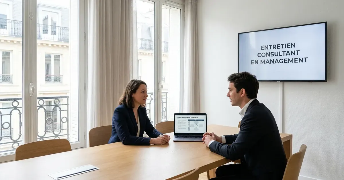 Entretien de consultant en management dans un bureau parisien lumineux : une candidate et un recruteur, un cadre de conduite du changement à l’écran.