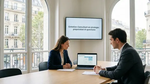 Entretien de consultant en stratégie dans un bureau parisien lumineux : une candidate et un recruteur, une matrice de market sizing à l’écran.