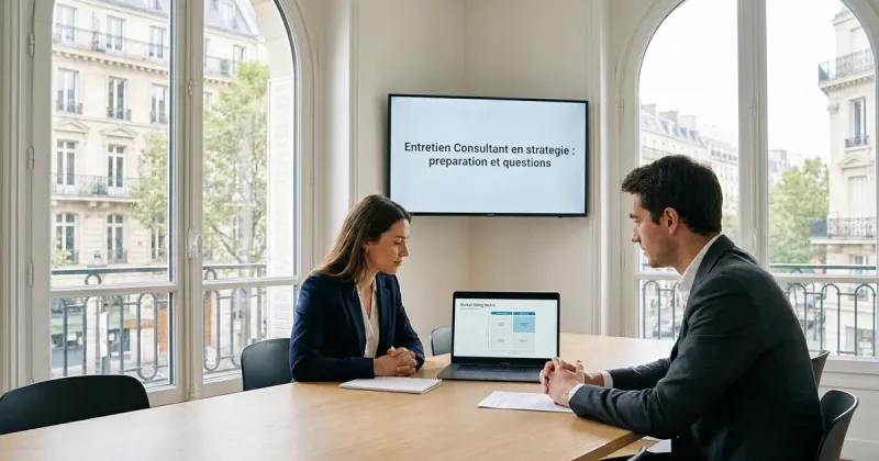 Entretien de consultant en stratégie dans un bureau parisien lumineux : une candidate et un recruteur, une matrice de market sizing à l’écran.