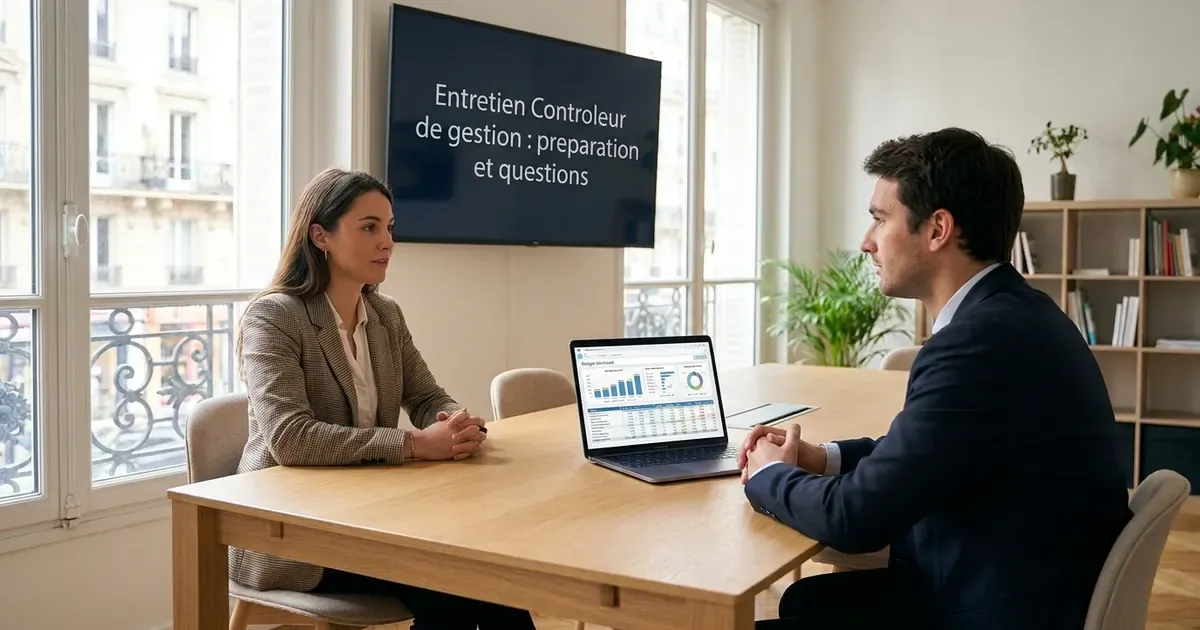 Entretien de contrôleur de gestion dans un bureau parisien lumineux : une candidate et un recruteur, un tableau de bord budgétaire à l’écran.