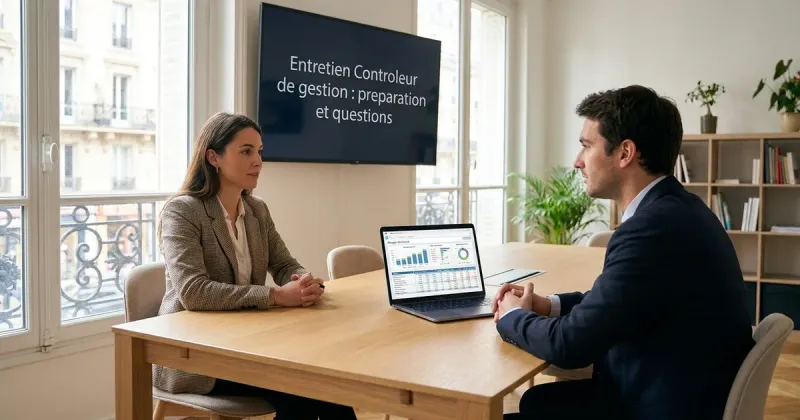 Entretien de contrôleur de gestion dans un bureau parisien lumineux : une candidate et un recruteur, un tableau de bord budgétaire à l’écran.