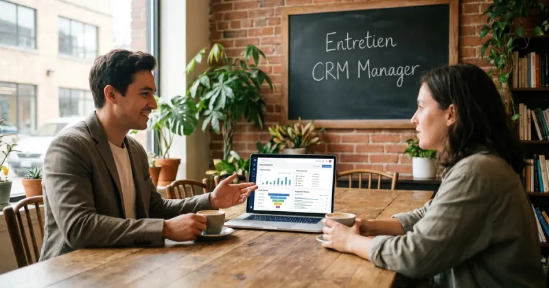 Entretien de CRM manager dans un café coworking : un candidat présente un tableau de bord CRM sur son ordinateur, le titre affiché à la craie sur un tableau noir.