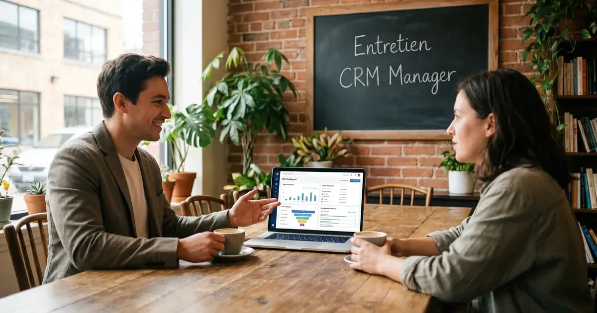 Entretien de CRM manager dans un café coworking : un candidat présente un tableau de bord CRM sur son ordinateur, le titre affiché à la craie sur un tableau noir.