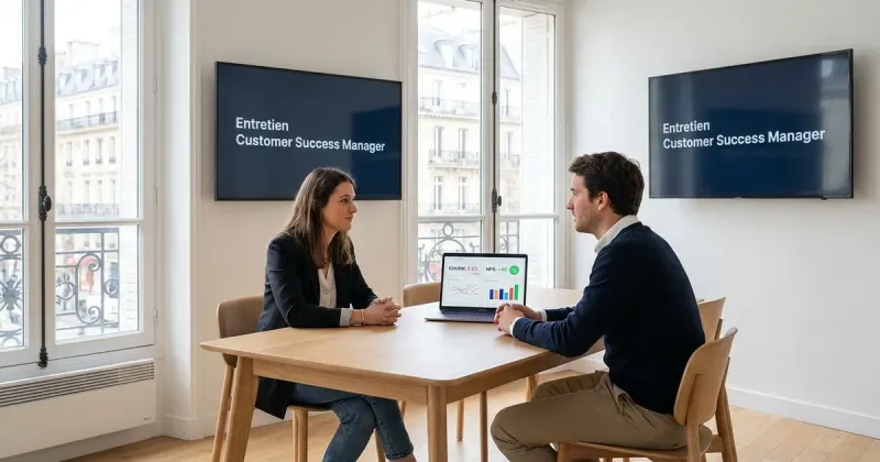 Entretien de customer success manager dans un bureau parisien lumineux : une candidate et un recruteur, un tableau de bord de santé client à l’écran.