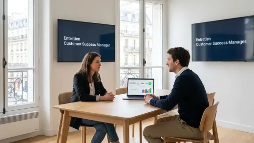Entretien de customer success manager dans un bureau parisien lumineux : une candidate et un recruteur, un tableau de bord de santé client à l’écran.