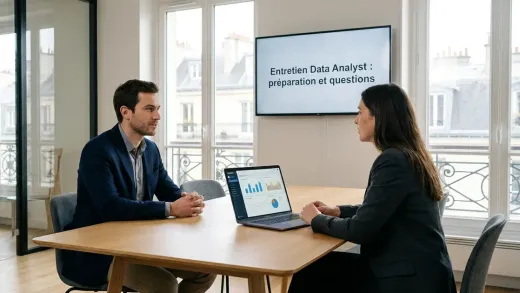 Entretien de data analyst dans un bureau parisien lumineux : un candidat et une recruteuse, un tableau de bord analytique à l’écran.
