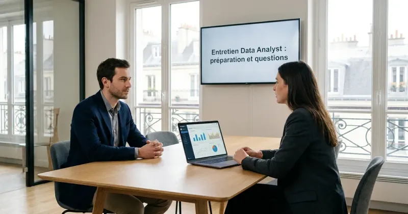 Entretien de data analyst dans un bureau parisien lumineux : un candidat et une recruteuse, un tableau de bord analytique à l’écran.