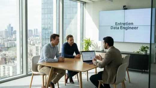 Entretien de data engineer dans une salle vitrée avec vue sur la ville : deux recruteurs face à un candidat, un schéma de pipeline de données à l’écran.