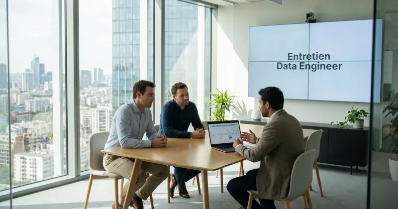 Entretien de data engineer dans une salle vitrée avec vue sur la ville : deux recruteurs face à un candidat, un schéma de pipeline de données à l’écran.