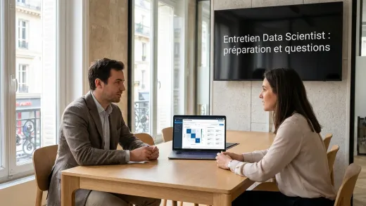 Entretien de data scientist dans un bureau parisien lumineux : un candidat et une recruteuse, un tableau de bord de modèle de machine learning à l’écran.