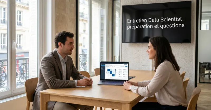 Entretien de data scientist dans un bureau parisien lumineux : un candidat et une recruteuse, un tableau de bord de modèle de machine learning à l’écran.